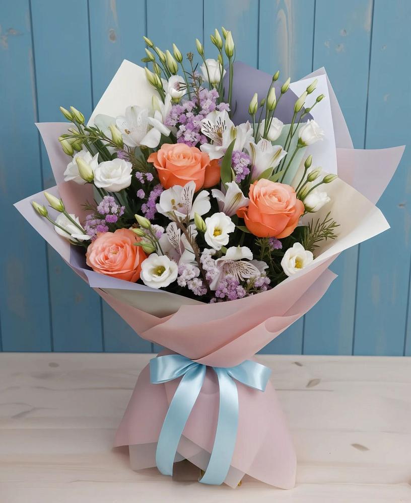 Букет цветов из: Лизиантусы, Розы, Альстромерии и Гипсофила в Нягани