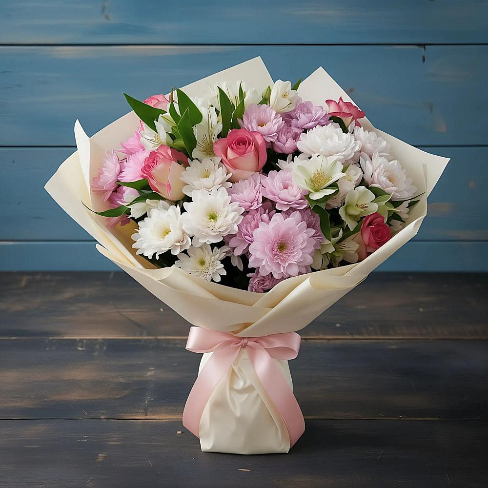 Букет цветов из: Хризантемы, Альстромерии и Розы в Нягани